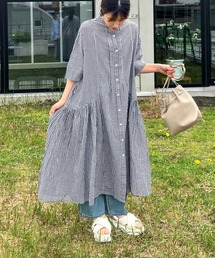 AS KNOW AS plus（アズノゥアズプラス）の「●インドコットン 切替えギャザー前開き5分袖ワンピース（ワンピース）」