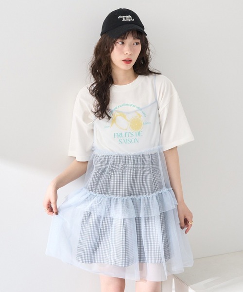 earth music&ecology（アースミュージックアンドエコロジー）の「チュールミニキャミワンピース（ワンピース・レディース・オフホワイト/ブラック/サックスブルー・FREE）」の3枚目の写真