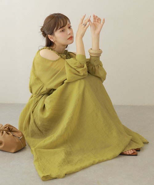 open shoulder gather long dress /オープンショルダーギャザー