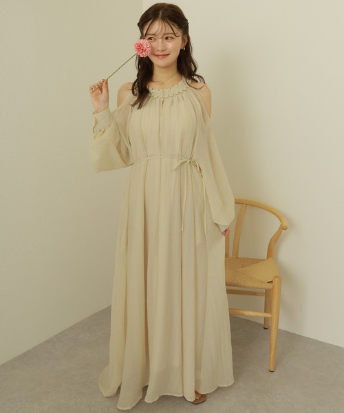 open shoulder gather long dress /オープンショルダーギャザー