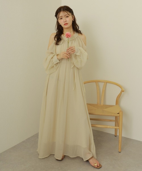 open shoulder gather long dress /オープンショルダーギャザー