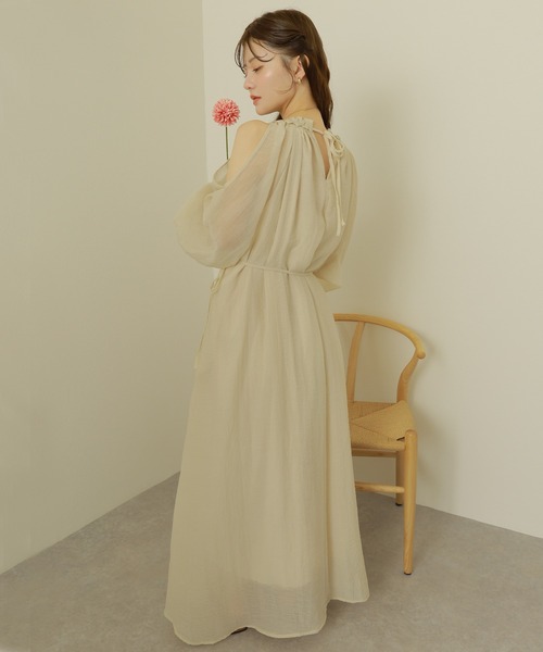 open shoulder gather long dress /オープンショルダーギャザー