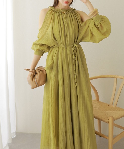 open shoulder gather long dress /オープンショルダーギャザー