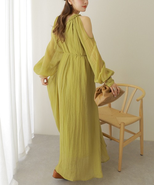 open shoulder gather long dress /オープンショルダーギャザー