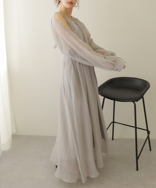 open shoulder gather long dress /オープンショルダーギャザー