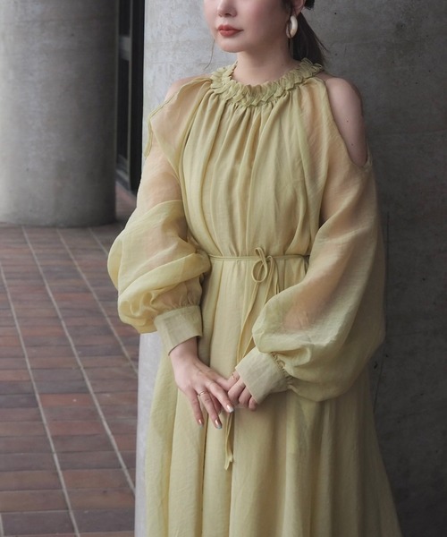 open shoulder gather long dress /オープンショルダーギャザー