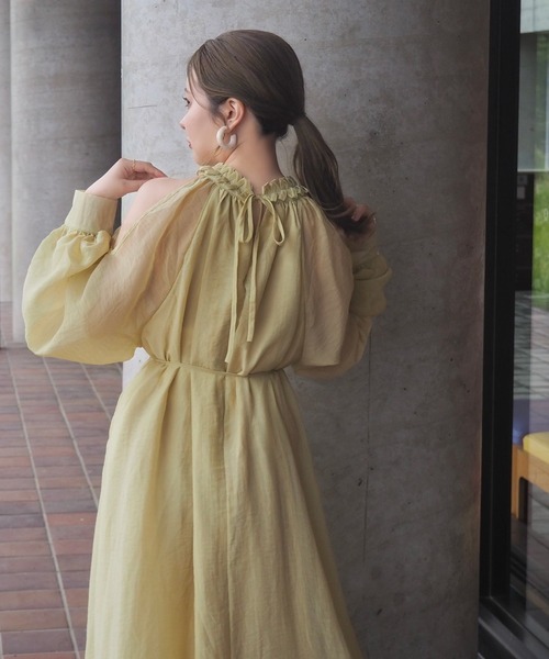 open shoulder gather long dress /オープンショルダーギャザー