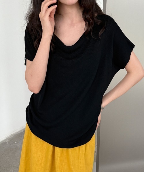 semplice（センプリチェ）の「ワイドネック ランジャリー たれ感 レラックス ショートスリーブ T シャツ【韓国ファッション】（ニット/セーター・レディース・ホワイト/ブラック/グレー/グリーン・F）」の11枚目の写真