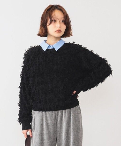 Ray BEAMS（レイビームス）の「カット ジャカード フリンジ クルーネック ニット（ニット/セーター・レディース・ブラック/オフホワイト/イエロー・ONE SIZE）」の3枚目の写真