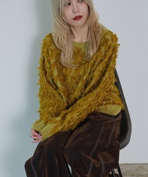 カット ジャカード フリンジ クルーネック ニット