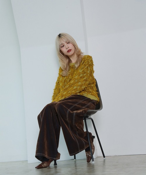 Ray BEAMS（レイビームス）の「カット ジャカード フリンジ クルーネック ニット（ニット/セーター・レディース・ブラック/オフホワイト/イエロー・ONE SIZE）」の7枚目の写真