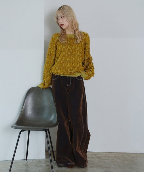 Ray BEAMS（レイビームス）の「カット ジャカード フリンジ クルーネック ニット（ニット/セーター・レディース・ブラック/オフホワイト/イエロー・ONE SIZE）」の9枚目の写真