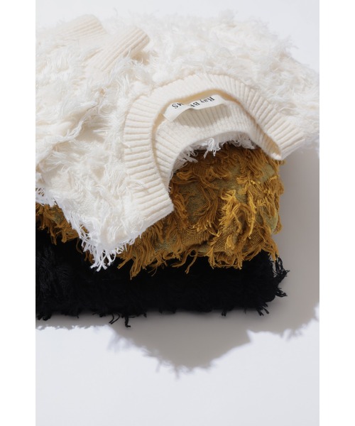 Ray BEAMS（レイビームス）の「カット ジャカード フリンジ クルーネック ニット（ニット/セーター・レディース・ブラック/オフホワイト/イエロー・ONE SIZE）」の4枚目の写真