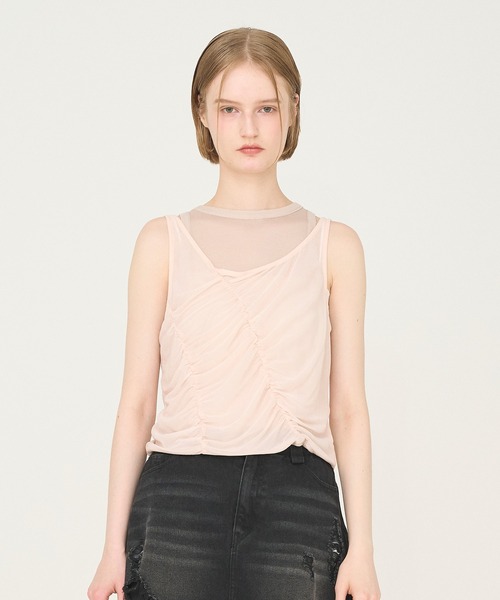 Nora Lily elle(ノラリリーエル)の「【Nora Lily】「elle」Ripple Sheer Layered Tank Top(タンクトップ・レディース・スカイブルー系/ネイビー系/ピンク系・FREE)」の3枚目の写真
