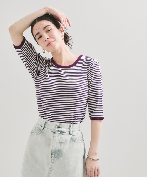 Healthknit(ヘルスニット)の「【Healthknit/ヘルスニット】別注/クルーネックボーダーT(Tシャツ/カットソー・レディース・パープル系その他2/オレンジ系その他2・FREE)」の1枚目の写真