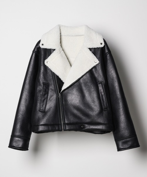 AFF AIVER（エイエフエフアイバー）の「AFF AIVER　フェイクムートンダブルライダース（ライダースジャケット・メンズ・ブラック/ホワイト×ブラック・LARGE/MEDIUM/SMALL）」の2枚目の写真