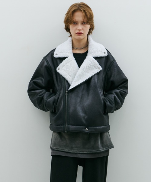 AFF AIVER（エイエフエフアイバー）の「AFF AIVER　フェイクムートンダブルライダース（ライダースジャケット・メンズ・ブラック/ホワイト×ブラック・LARGE/MEDIUM/SMALL）」の16枚目の写真