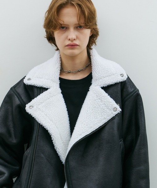 AFF AIVER（エイエフエフアイバー）の「AFF AIVER　フェイクムートンダブルライダース（ライダースジャケット・メンズ・ブラック/ホワイト×ブラック・LARGE/MEDIUM/SMALL）」の13枚目の写真