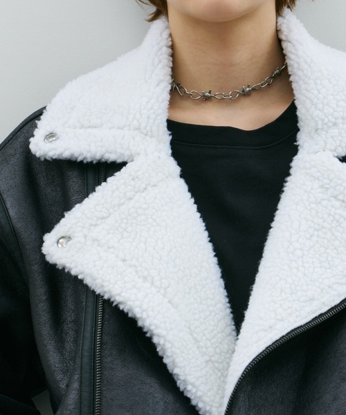 AFF AIVER（エイエフエフアイバー）の「AFF AIVER　フェイクムートンダブルライダース（ライダースジャケット・メンズ・ブラック/ホワイト×ブラック・LARGE/MEDIUM/SMALL）」の14枚目の写真