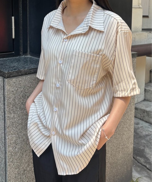 Bargiee（バージー）の「【ZOZO限定】ストライプ サラサラ スタイル　アップ　オーバー　開襟　シャツ（シャツ/ブラウス・メンズ・クリーム/グリーン・FREE）」の4枚目の写真