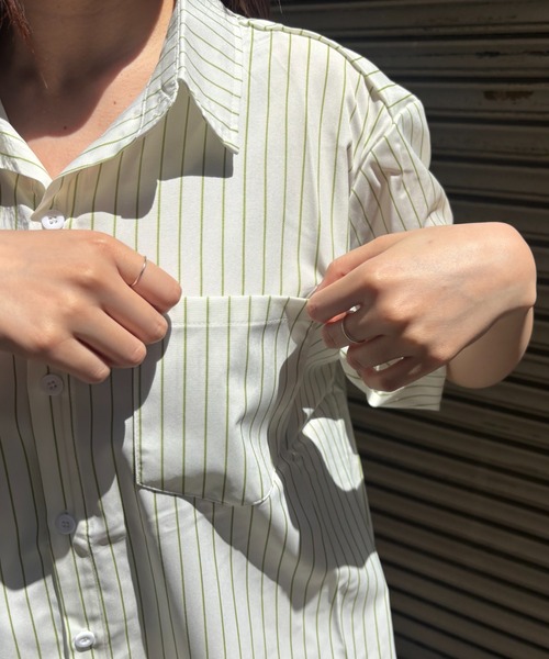 Bargiee（バージー）の「【ZOZO限定】ストライプ サラサラ スタイル　アップ　オーバー　開襟　シャツ（シャツ/ブラウス・メンズ・クリーム/グリーン・FREE）」の12枚目の写真