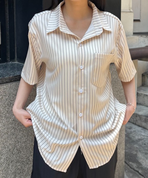 Bargiee（バージー）の「【ZOZO限定】ストライプ サラサラ スタイル　アップ　オーバー　開襟　シャツ（シャツ/ブラウス・メンズ・クリーム/グリーン・FREE）」の5枚目の写真