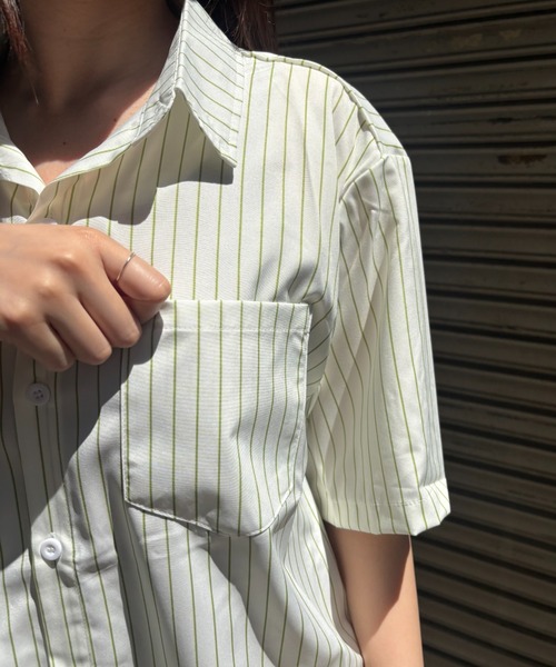 Bargiee（バージー）の「【ZOZO限定】ストライプ サラサラ スタイル　アップ　オーバー　開襟　シャツ（シャツ/ブラウス・メンズ・クリーム/グリーン・FREE）」の11枚目の写真