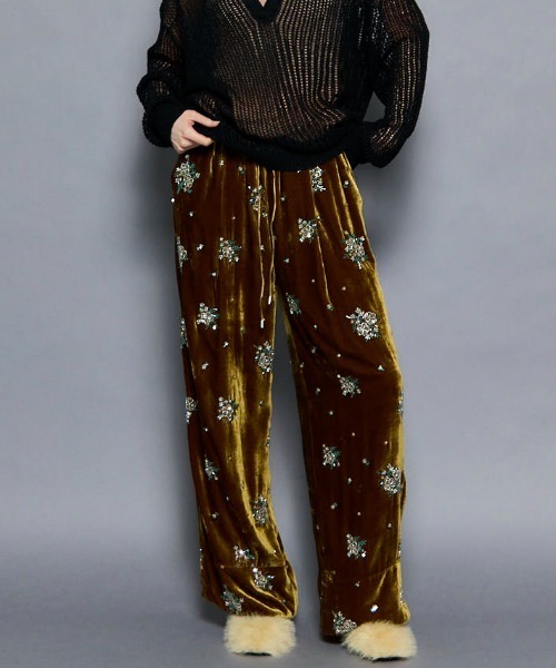 Beads Flower Embroidery Velor Pants/ビーズフラワーエンブロイダリー