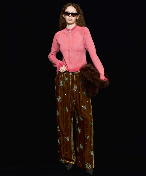 Beads Flower Embroidery Velor Pants/ビーズフラワーエンブロイダリー