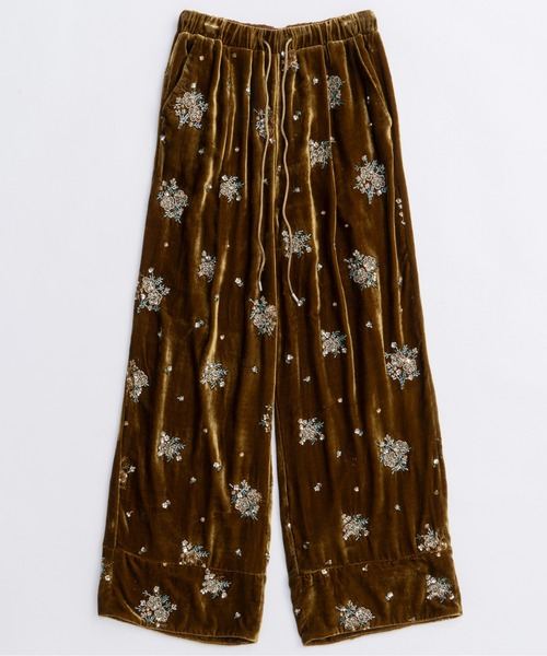 Beads Flower Embroidery Velor Pants/ビーズフラワーエンブロイダリー