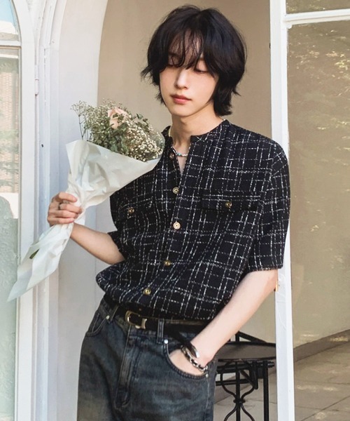 NOWLE（ノウル）の「【NOWLE】サマーツイード バンドカラーチェックシャツ（シャツ/ブラウス・メンズ・ホワイト/ブラック・MEDIUM/X-LARGE/LARGE）」の2枚目の写真