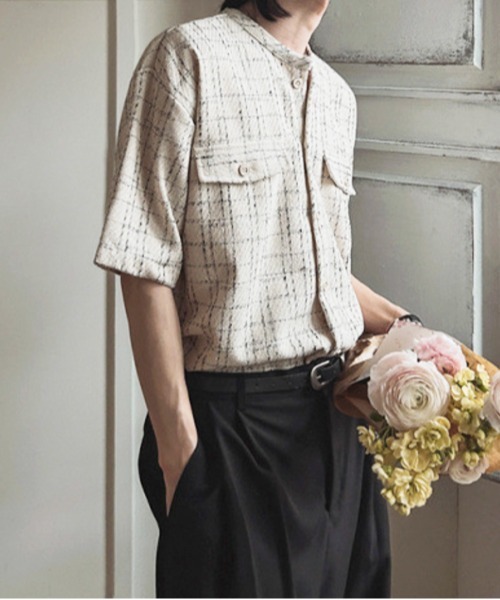 NOWLE（ノウル）の「【NOWLE】サマーツイード バンドカラーチェックシャツ（シャツ/ブラウス・メンズ・ホワイト/ブラック・MEDIUM/X-LARGE/LARGE）」の20枚目の写真