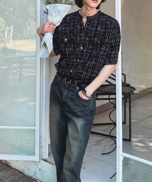 NOWLE（ノウル）の「【NOWLE】サマーツイード バンドカラーチェックシャツ（シャツ/ブラウス・メンズ・ホワイト/ブラック・MEDIUM/X-LARGE/LARGE）」の6枚目の写真