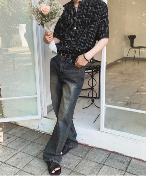 NOWLE（ノウル）の「【NOWLE】サマーツイード バンドカラーチェックシャツ（シャツ/ブラウス・メンズ・ホワイト/ブラック・MEDIUM/X-LARGE/LARGE）」の7枚目の写真