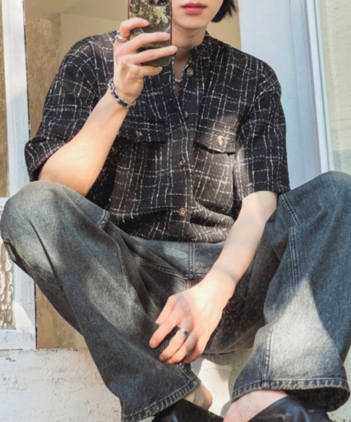 NOWLE（ノウル）の「【NOWLE】サマーツイード バンドカラーチェックシャツ（シャツ/ブラウス・メンズ・ホワイト/ブラック・MEDIUM/X-LARGE/LARGE）」の8枚目の写真