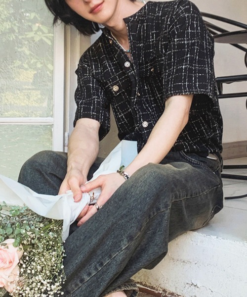 NOWLE（ノウル）の「【NOWLE】サマーツイード バンドカラーチェックシャツ（シャツ/ブラウス・メンズ・ホワイト/ブラック・MEDIUM/X-LARGE/LARGE）」の9枚目の写真