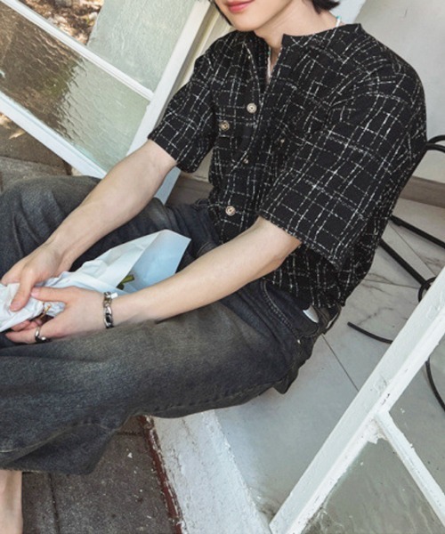 NOWLE（ノウル）の「【NOWLE】サマーツイード バンドカラーチェックシャツ（シャツ/ブラウス・メンズ・ホワイト/ブラック・MEDIUM/X-LARGE/LARGE）」の11枚目の写真