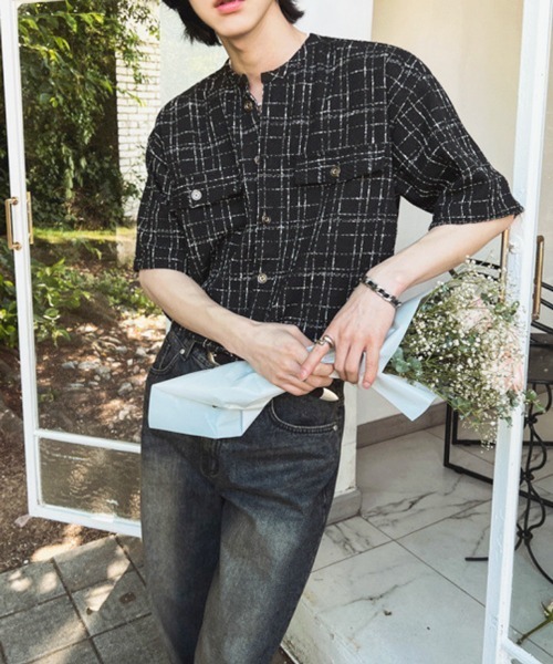 NOWLE（ノウル）の「【NOWLE】サマーツイード バンドカラーチェックシャツ（シャツ/ブラウス・メンズ・ホワイト/ブラック・MEDIUM/X-LARGE/LARGE）」の13枚目の写真