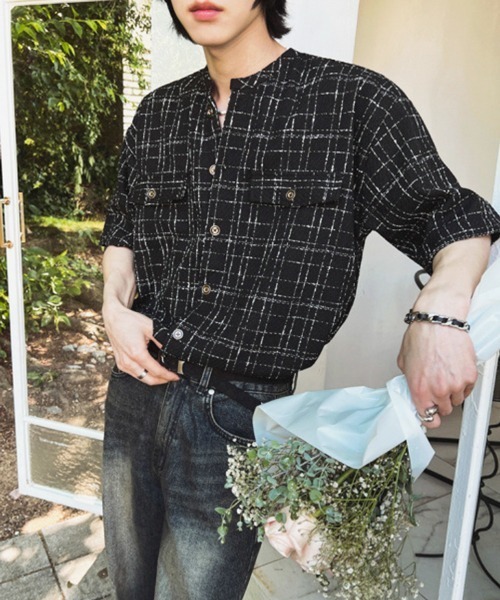 NOWLE（ノウル）の「【NOWLE】サマーツイード バンドカラーチェックシャツ（シャツ/ブラウス・メンズ・ホワイト/ブラック・MEDIUM/X-LARGE/LARGE）」の14枚目の写真