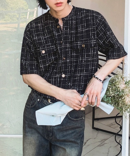 NOWLE（ノウル）の「【NOWLE】サマーツイード バンドカラーチェックシャツ（シャツ/ブラウス・メンズ・ホワイト/ブラック・MEDIUM/X-LARGE/LARGE）」の15枚目の写真