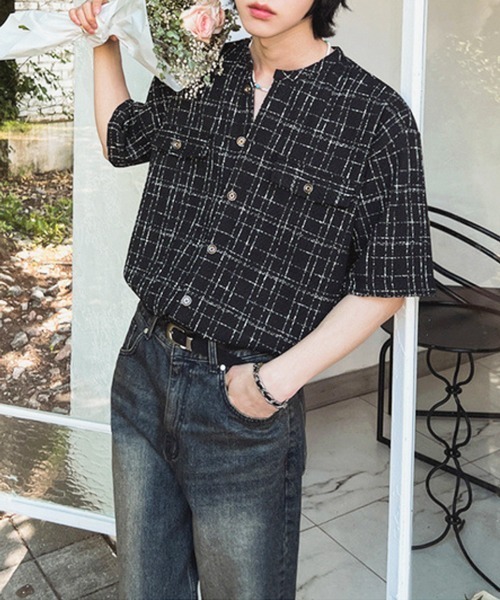 NOWLE（ノウル）の「【NOWLE】サマーツイード バンドカラーチェックシャツ（シャツ/ブラウス・メンズ・ホワイト/ブラック・MEDIUM/X-LARGE/LARGE）」の3枚目の写真