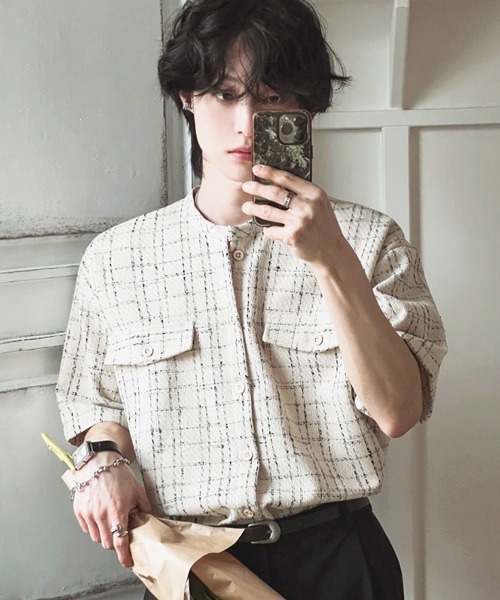 NOWLE（ノウル）の「【NOWLE】サマーツイード バンドカラーチェックシャツ（シャツ/ブラウス・メンズ・ホワイト/ブラック・MEDIUM/X-LARGE/LARGE）」の16枚目の写真