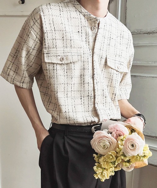 NOWLE（ノウル）の「【NOWLE】サマーツイード バンドカラーチェックシャツ（シャツ/ブラウス・メンズ・ホワイト/ブラック・MEDIUM/X-LARGE/LARGE）」の17枚目の写真