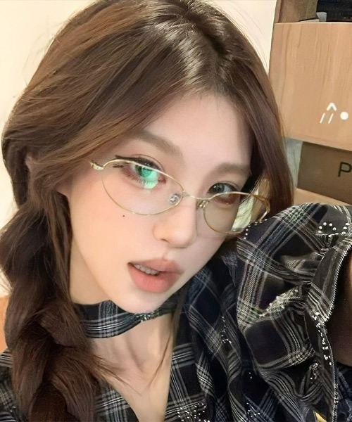 キャットアイオーバルメタルフレームメガネ クリアレンズ 伊達メガネ