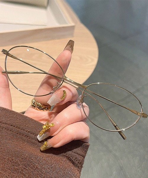 キャットアイオーバルメタルフレームメガネ クリアレンズ 伊達メガネ