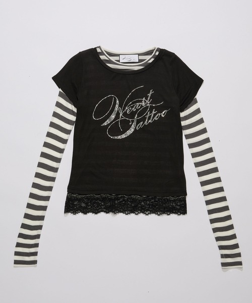 Heart Tattoo(ハートタトゥー)の「Rhinestone Logo T-Shirt & Long Sleeve Tee Set / ラインストーンロゴTシャツ&ロンTee set(Tシャツ/カットソー・レディース・ホワイト×グレー/ブラック系/ピンク系・FREE)」の2枚目の写真