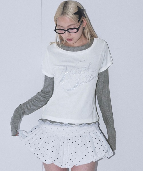 Heart Tattoo(ハートタトゥー)の「Rhinestone Logo T-Shirt & Long Sleeve Tee Set / ラインストーンロゴTシャツ&ロンTee set(Tシャツ/カットソー・レディース・ホワイト×グレー/ブラック系/ピンク系・FREE)」の12枚目の写真