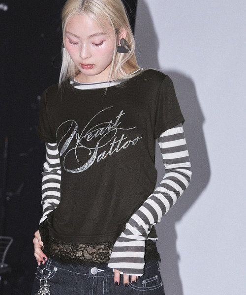 Heart Tattoo(ハートタトゥー)の「Rhinestone Logo T-Shirt & Long Sleeve Tee Set / ラインストーンロゴTシャツ&ロンTee set(Tシャツ/カットソー・レディース・ホワイト×グレー/ブラック系/ピンク系・FREE)」の4枚目の写真