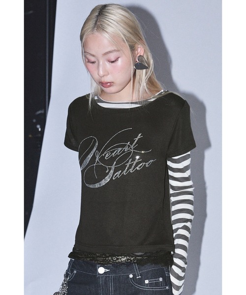 Heart Tattoo(ハートタトゥー)の「Rhinestone Logo T-Shirt & Long Sleeve Tee Set / ラインストーンロゴTシャツ&ロンTee set(Tシャツ/カットソー・レディース・ホワイト×グレー/ブラック系/ピンク系・FREE)」の5枚目の写真