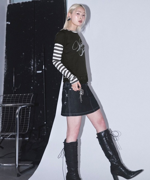 Heart Tattoo(ハートタトゥー)の「Rhinestone Logo T-Shirt & Long Sleeve Tee Set / ラインストーンロゴTシャツ&ロンTee set(Tシャツ/カットソー・レディース・ホワイト×グレー/ブラック系/ピンク系・FREE)」の6枚目の写真